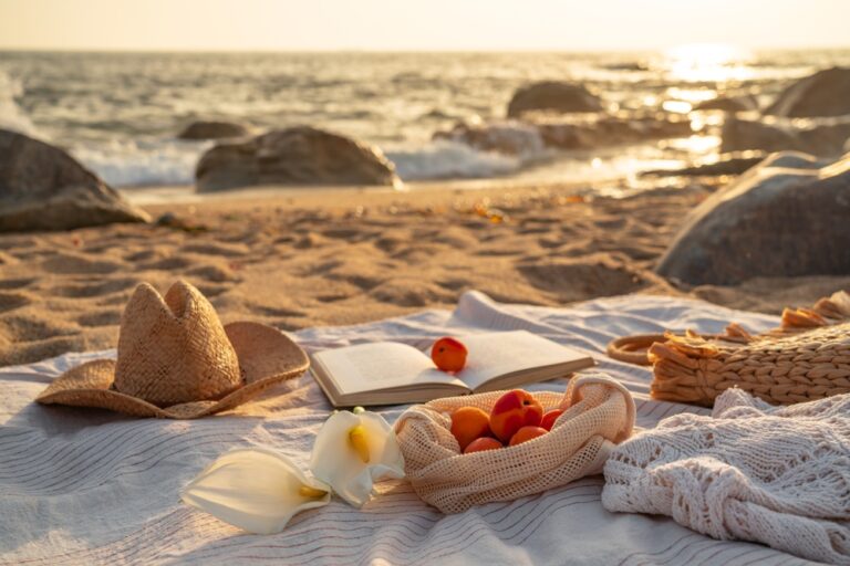 Sunset beach picnic scene with apricots, book, and straw hat on a blanket by the ocean